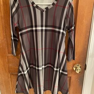Chic Plaid V-Neck Long Sleeve Dress 95%polyester 5% spandex 3/4 sleeves